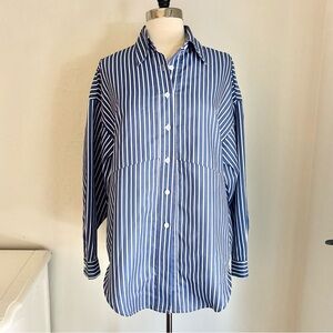 Blue & White Striped Drop Shoulder Button Down Shirt Curved Hem, Poly Sz Large